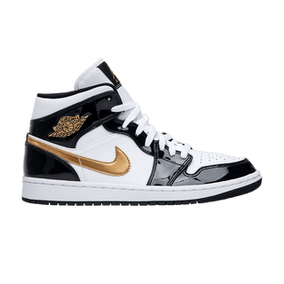 Jordan 1 Mid Patent Black White Gold