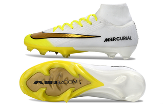 Back view of Nike Air Zoom Mercurial Superfly X Elite FG soccer cleats in Golden Strike colorway.